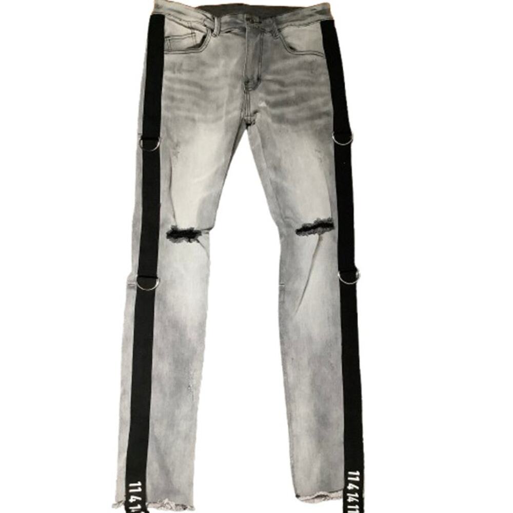 1141411 Grey Distressed Jeans Size 32 - Grunge, Emo, Goth, Metal Ring Detail